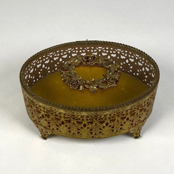 Vintage Hollywood Regency Gold Filigree Ormolu Jewelry Box Oval Glass Hinged Lid - Picture 2 of 11